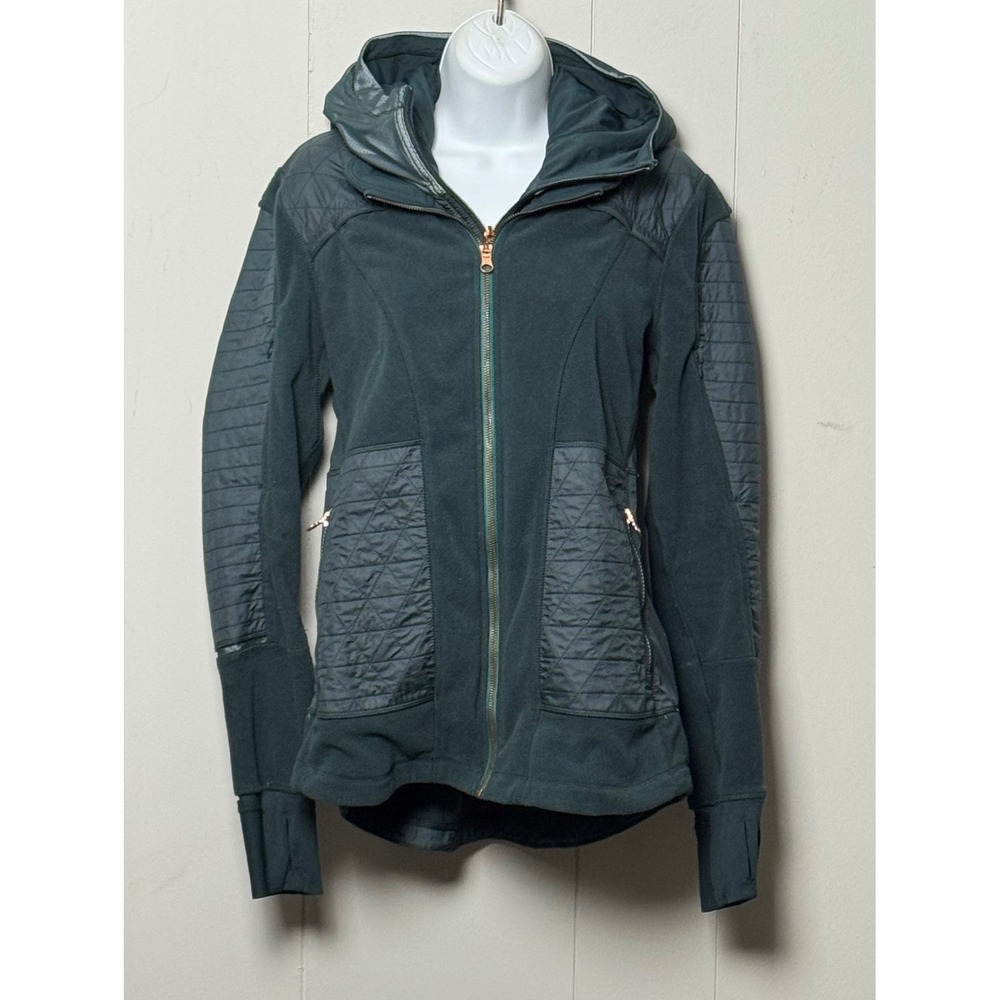 Lululemon Kanto Catch Me Jacket Green Fleece Quilted Hooded Rose Gold Size 10